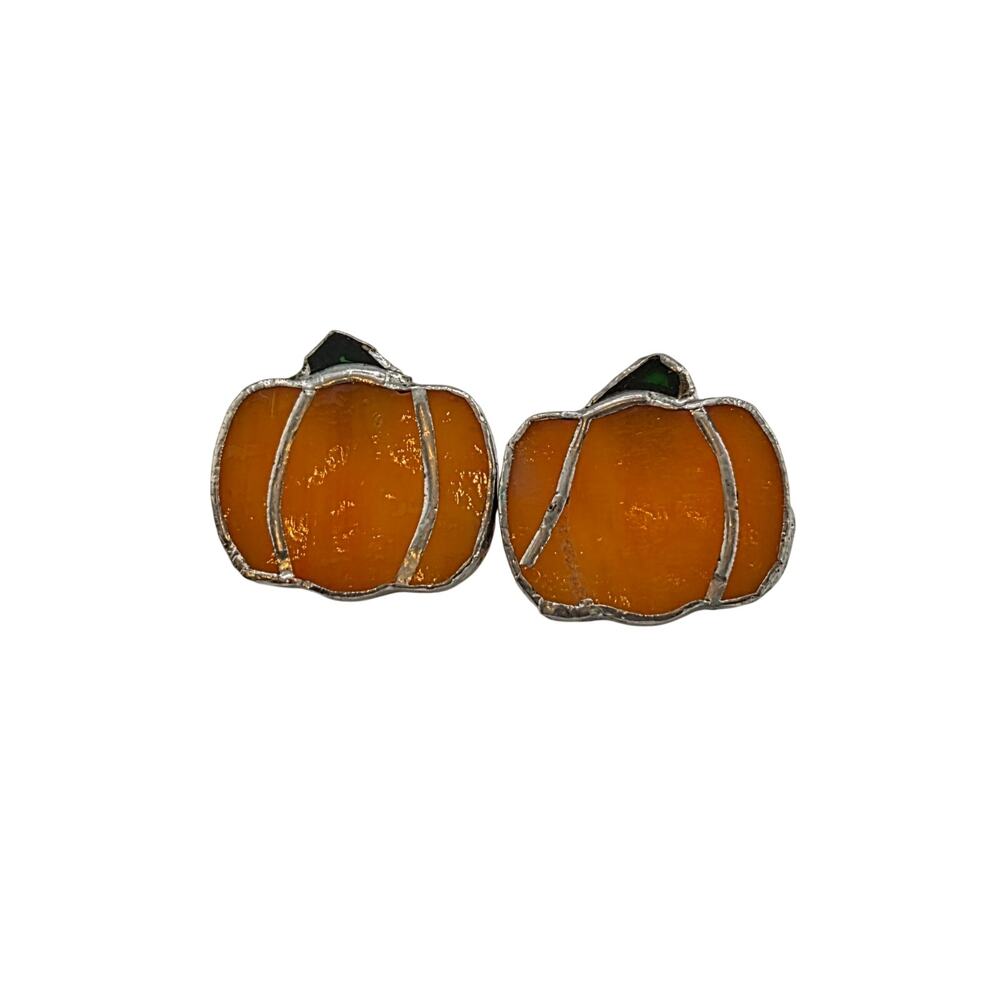Vintage Stained Glass Pumpkin Stud Earrings Halloween Fall Thanksgiving